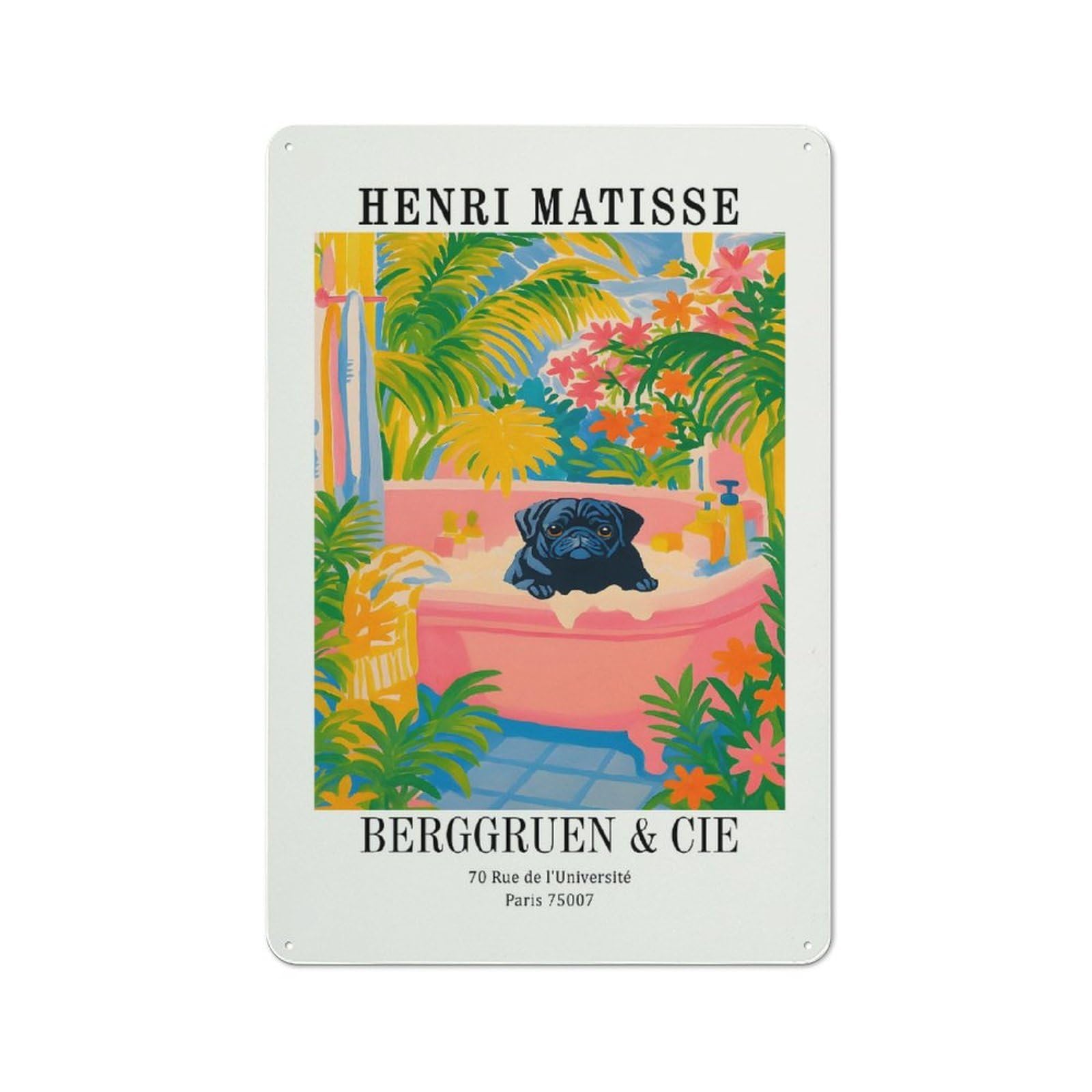 Decorative Tin Plaque with Henri Matisse Pug in Bathtub Art Design 30x20cm, Nostalgic Home Bar Decor for Bar, Kitchen, Garage Or Games Room