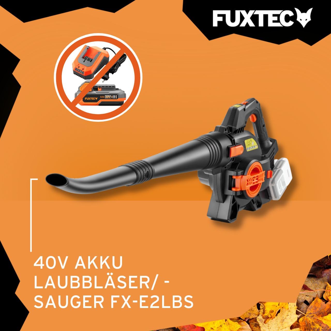 FUXTEC 40 Volt 2in1 Akku-Laubbläser/-Sauger FX-E2LBS, leistungsstarker Laubhäcksler inkl. Laubfangsack, Saugleistung 685.1m³/h, ergonomischer Handgriff, Geschwindigkeitsregulierung