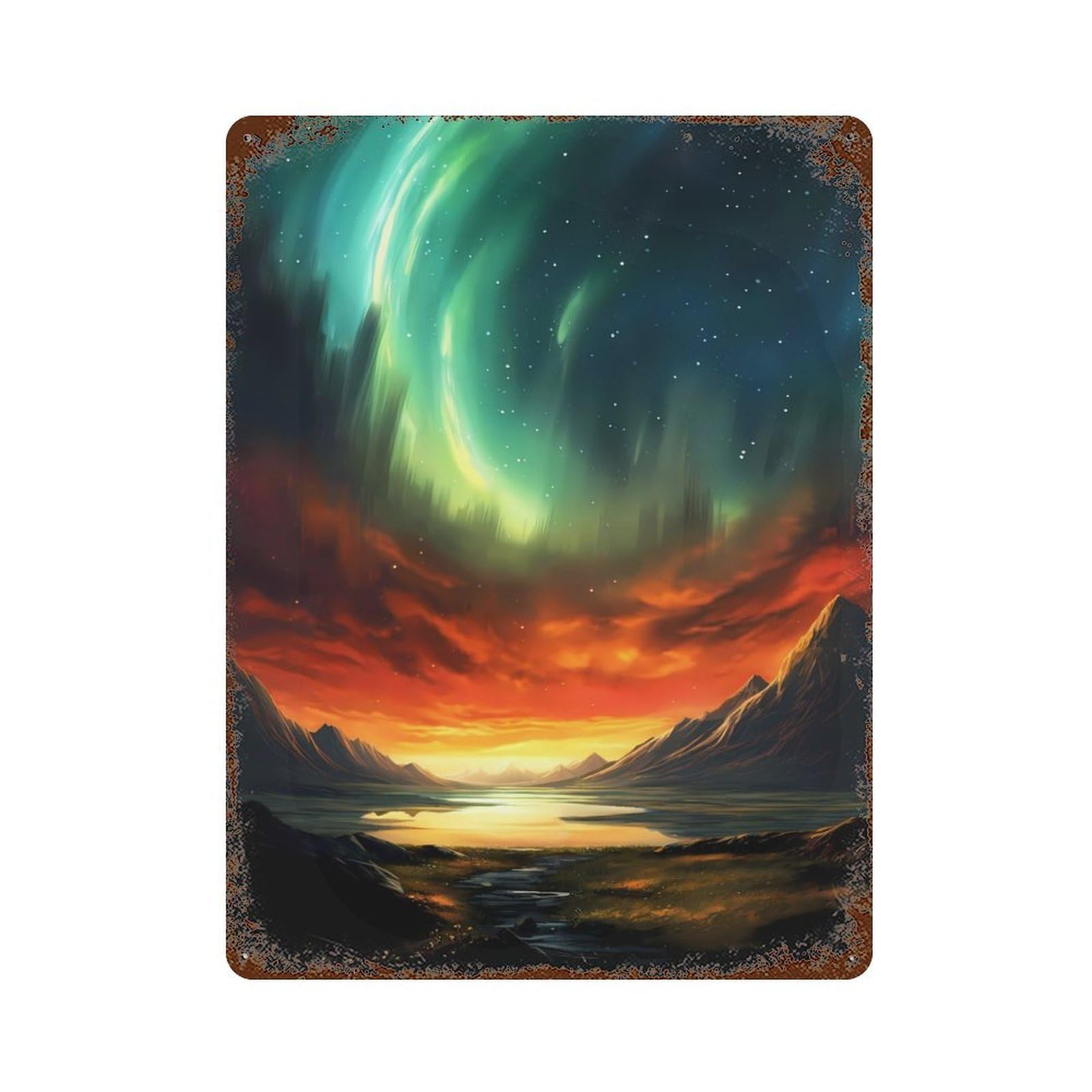 Sunset Aurora Landscape Vintage Rust Metal Sign 15.7"x11.8", Classic Wall Plaque for Basement, Hobby Room And Garage Decor