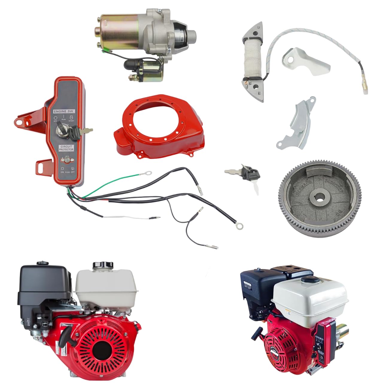 Kit de Démarrage Électrique Moteur+bobine- Gx200 6.5Cv Gx160 5.5Cv-moteur de Démarrage avec Électrovanne-volant D'inertie et Couronne pour Convertir Moteurs à Démarrage Manuel Électrique