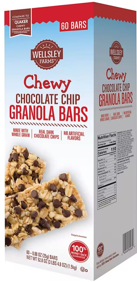 Barras masticables de granola con chispas de chocolate Wellsley Farms BULK (en NEYUM Packaging) (60 unidades)