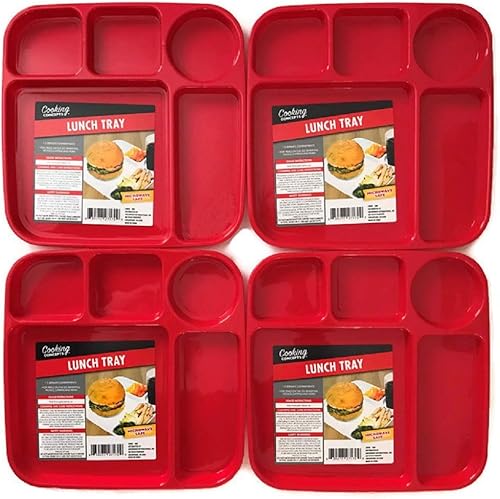 Bandeja de plástico dividida de 5 secciones con compartimento para almuerzo, cena, cena, rojo, blanco y azul, juego de 4 unidades (rojo)