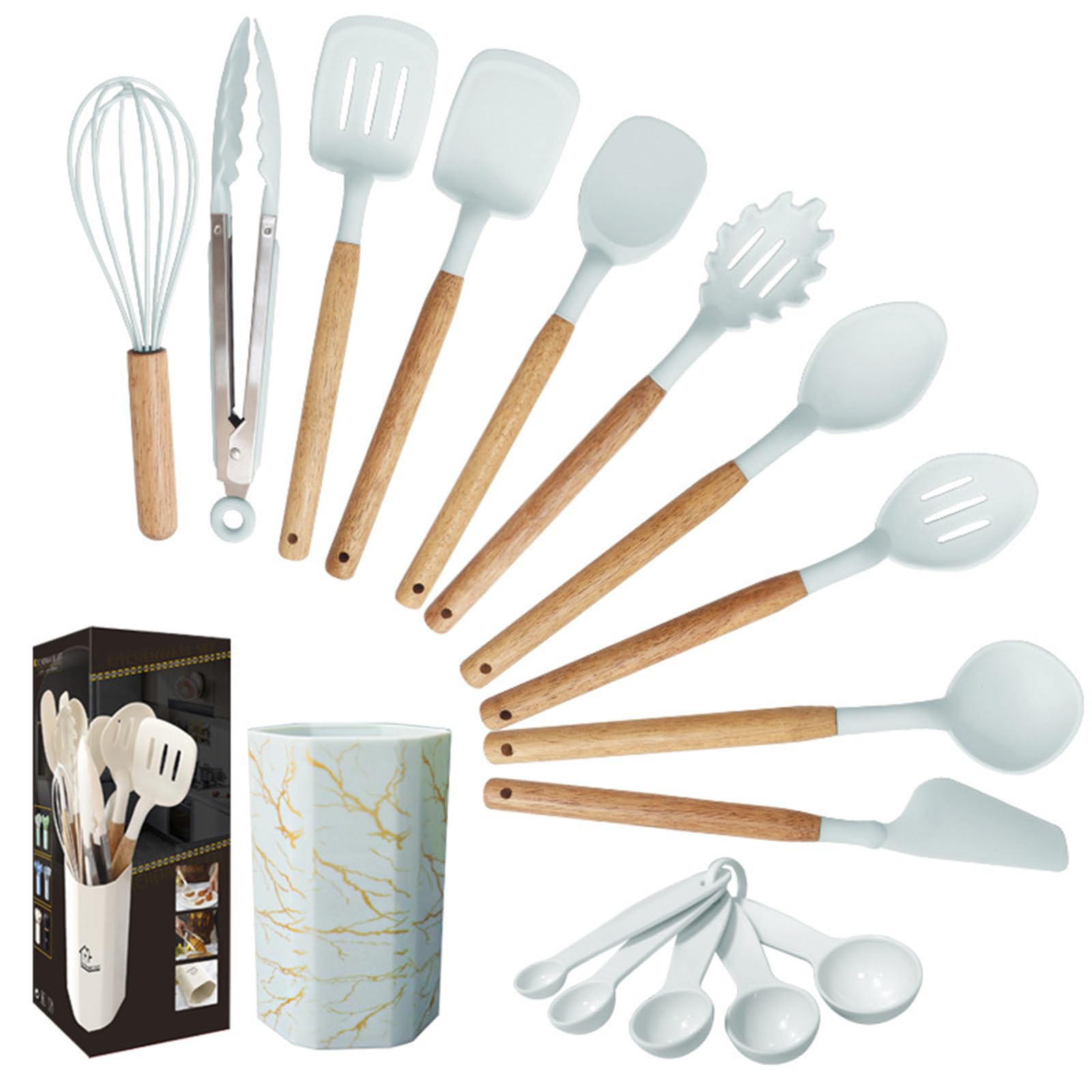 12 Stück Küchenhelfer Set, Silikon Küchenutensilien Set, Antihaft Hitzebeständiger Holzgriff Kochbesteck Mit Utensilienhalter, Silikonspatel Kochgeschirr Set, Spülmaschinengeeignet ,Morandi Green