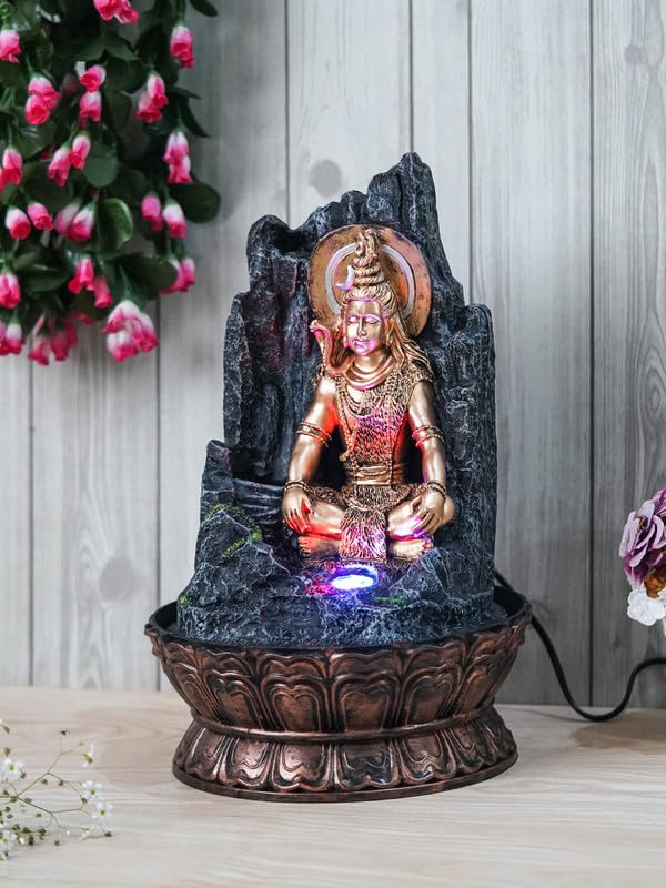 Image of Golden and Grey Polyresin Tabletop Lord Shiva Rock Finish Indoor Waterfall Fountain for Home Decor with Multicolour LED & Speed Control Pump (Size: 27 x 27 x 43CM | Weight: 2060Gram)