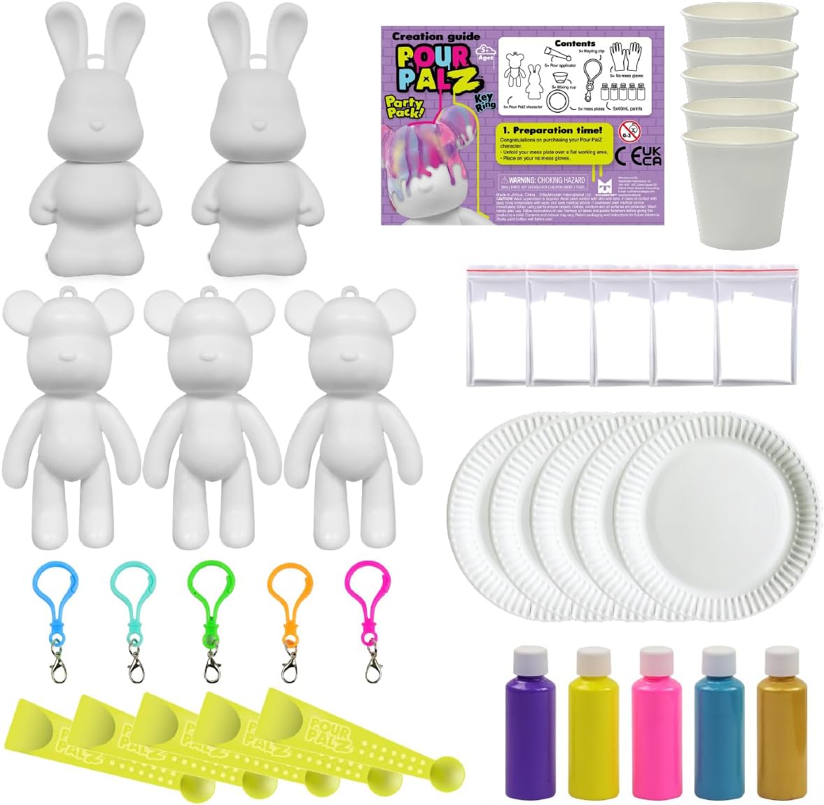 Pour Palz Mini Keychains Party Pack, DIY Paint Pouring Kit for Kids Ages 5+, Make Your Own Bear & Bunny Keychains with 5 Paints, Keyring Clips, Cups, Gloves, Plates, Arts and Crafts Gift, 1 Pack