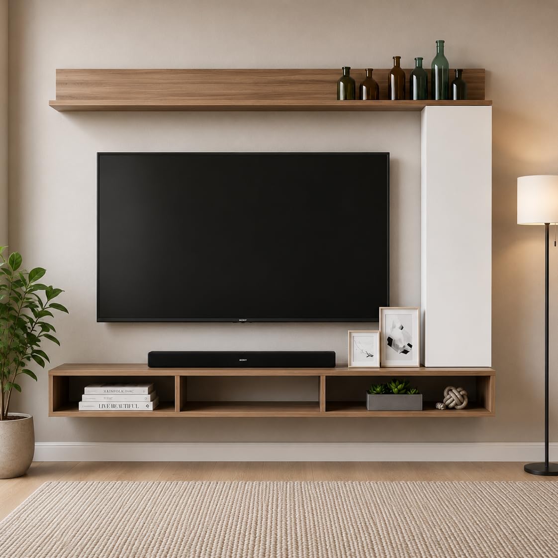 Morris Engineered Wood Wall Mount TV Unit/Set Top Box Stand with Display Shelves/Modern Tv Rack/Cabinet/Showcase for 43 inch TV (Exotic Teak & White)-image-5