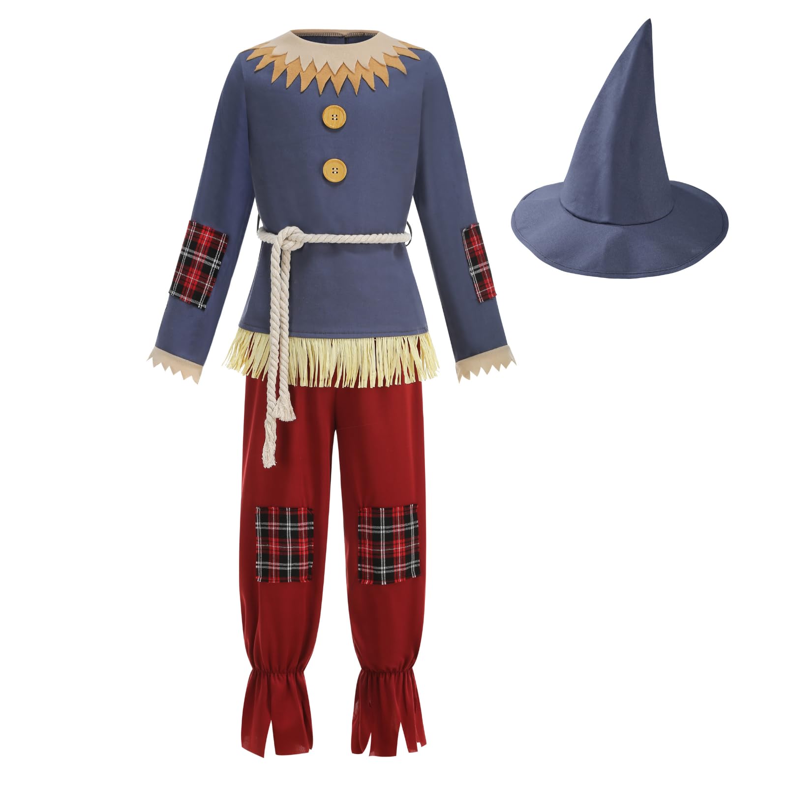 RRCBMD Kids Scarecrow Costume Boys Long Sleeve Scarecrow Dress 4 PCS with Hat for World Book Halloween Party-S-3-4Y