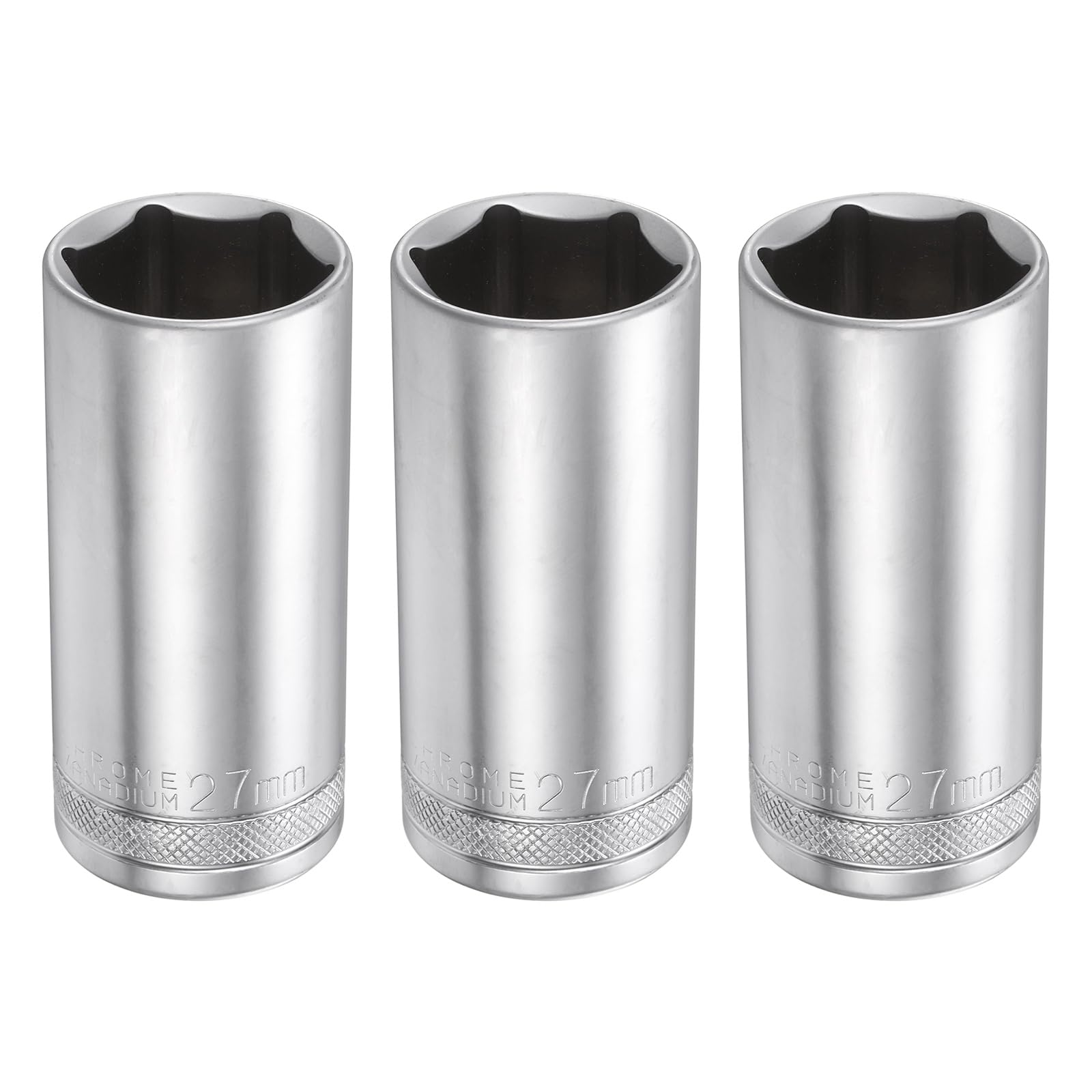 sourcing map 3pcs 6 Points Deep Socket 1/2" Drive 27mm Deep Metric CR-V Steel Polished Nickel Plating 78mm / 3.1" Long Hex Socket Tool for Home Auto Nuts Bolts Repair
