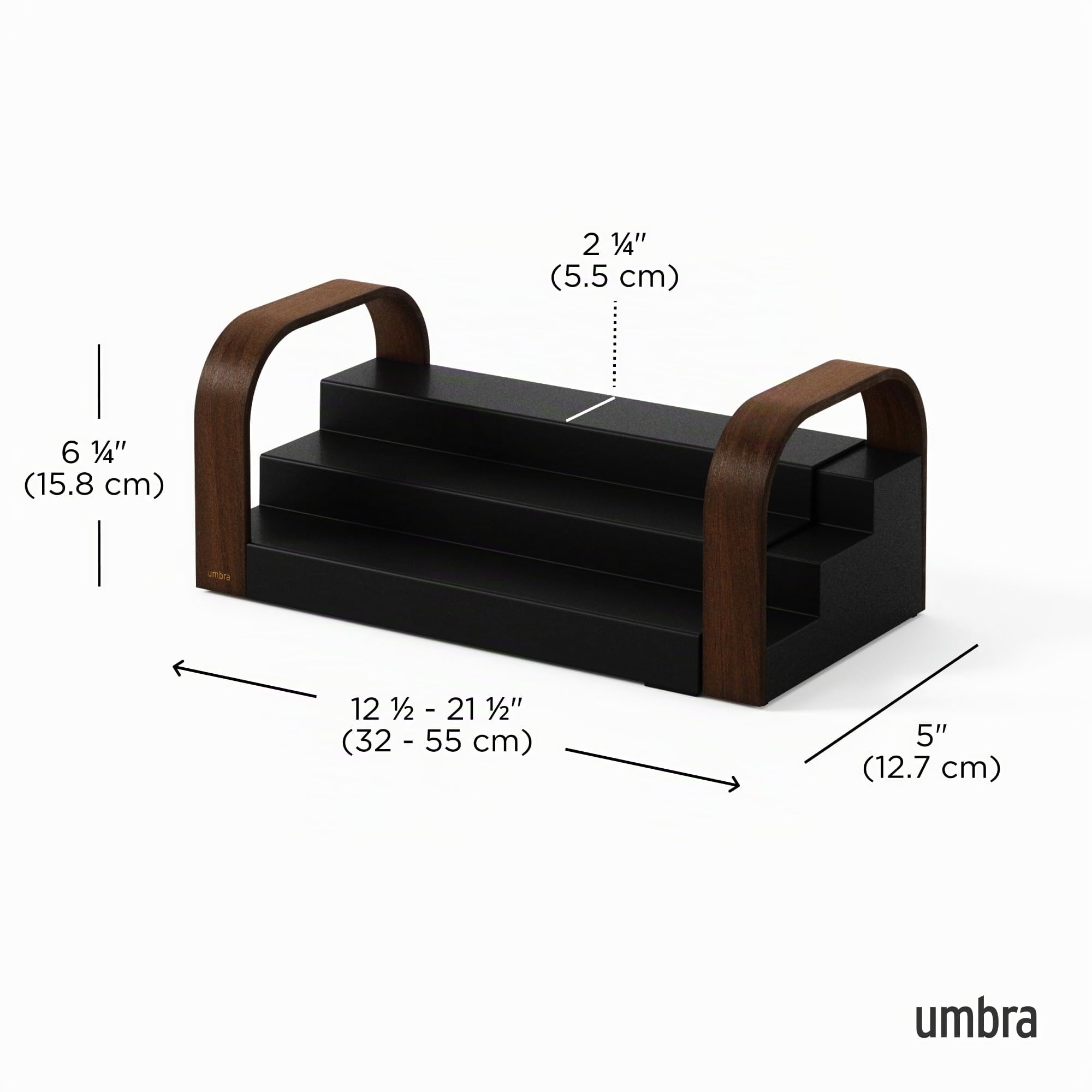 Umbra Bellwood dreistöckiges Gewürzregal, erweiterbarer Küchen Organizer aus strapazierfähigem Kunststoff und Holz, Schwarz/Walnuss