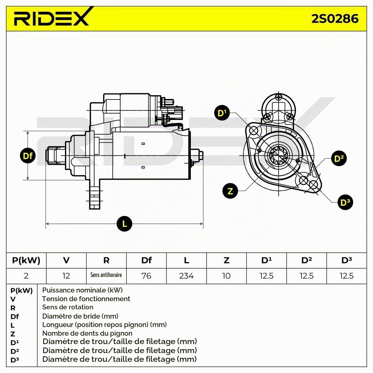 RIDEX 2S0286 Démarreur pour voiture 12V, 2KW, Compatible avec VW Golf 5 3/5 portes 1K1 2Z911023HV 02Z911023F 02Z911023FX