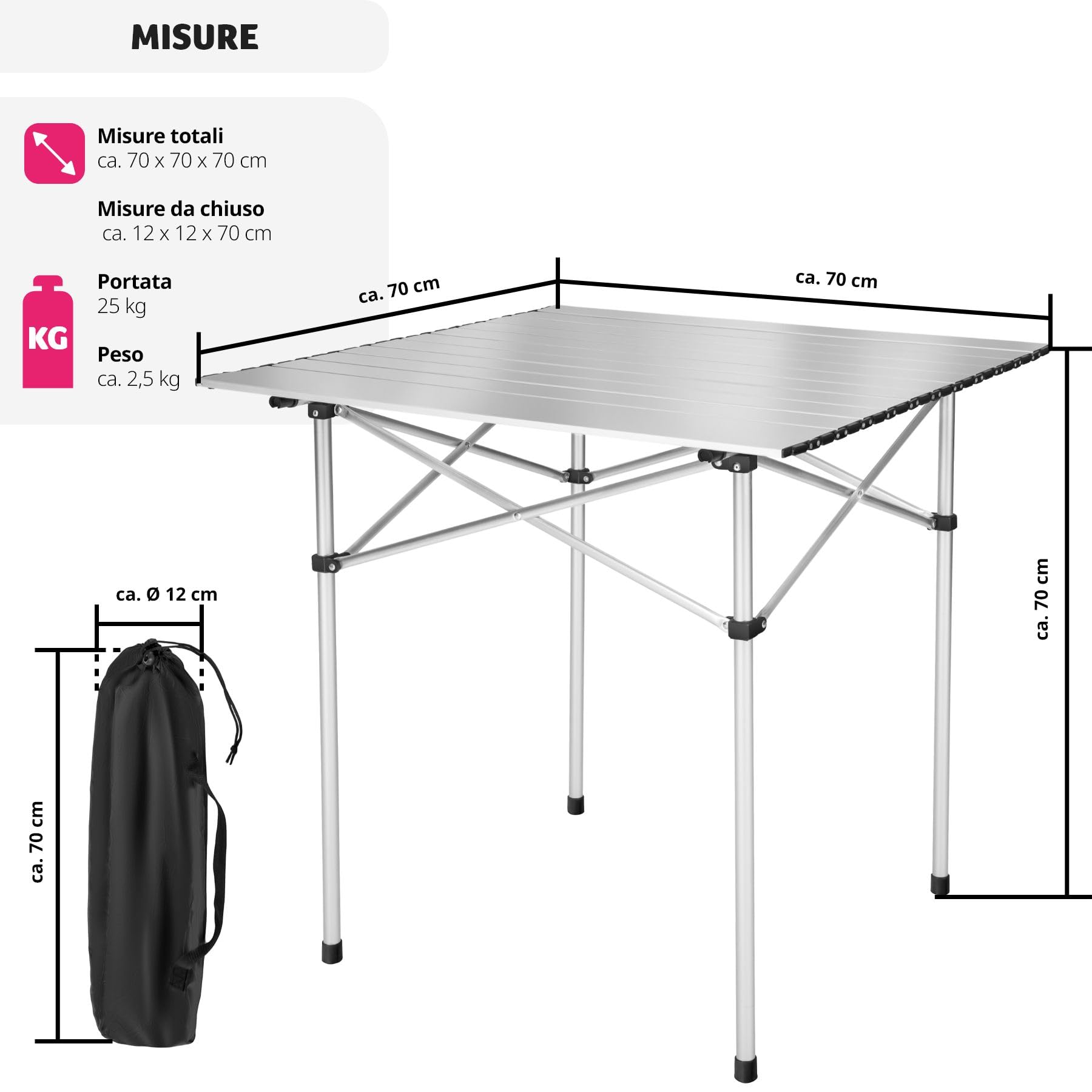 tectake® Tavolo da Campeggio Pieghevole, Telaio in Alluminio, Tavolo Salvaspazio con Pratica Borsa da Trasporto, Resistente alle Intemperie, 70x70x70 cm - Grigio