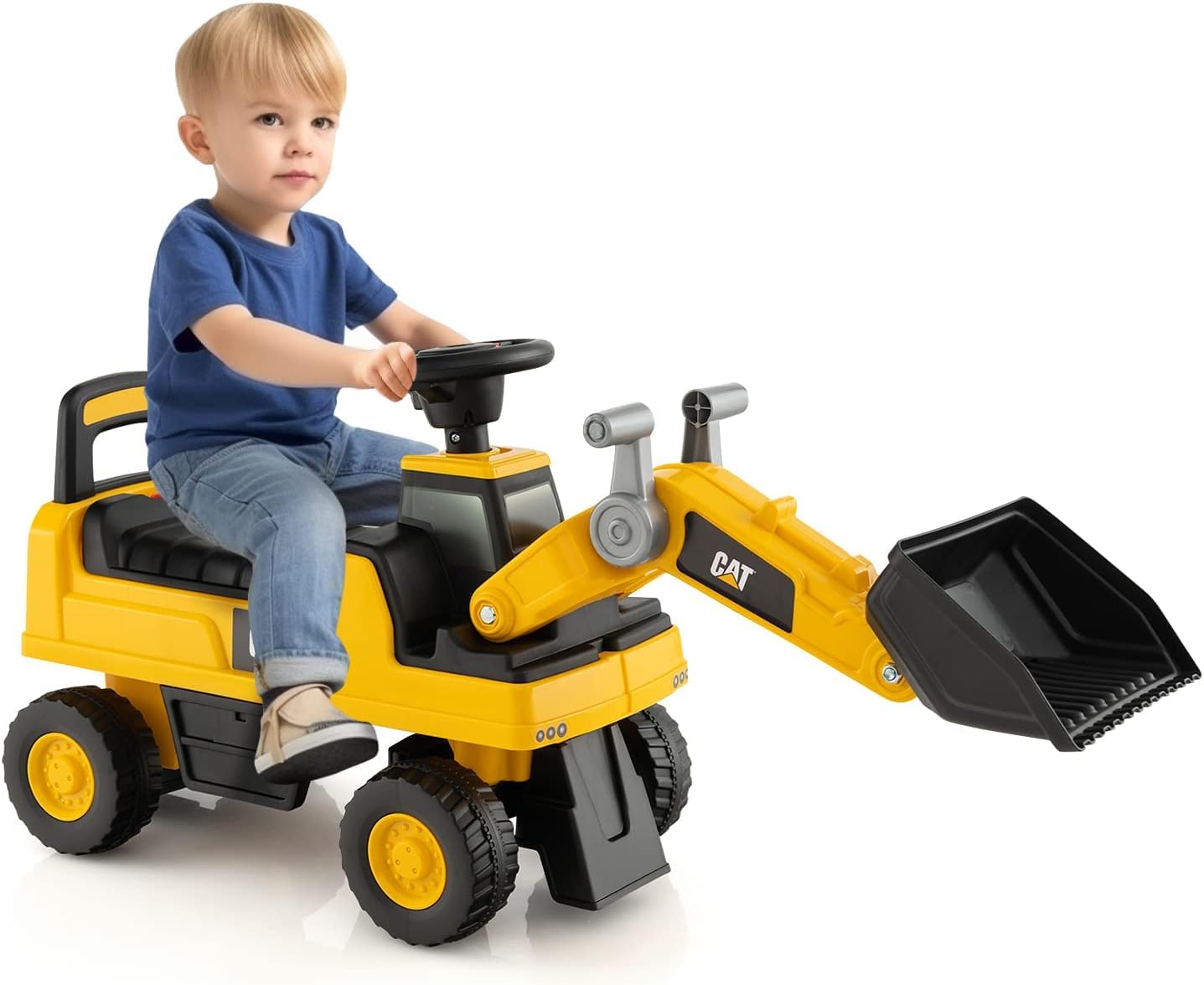 RELAX4LIFE Excavadora Correpasillos con Licencia Caterpillar, Brazo Ajustable, Volante, Bocina y Almacenamiento Oculto, Excavadora Juguete de PP para Niños 1-3 Años, Carga 25kg (Bulldozer)