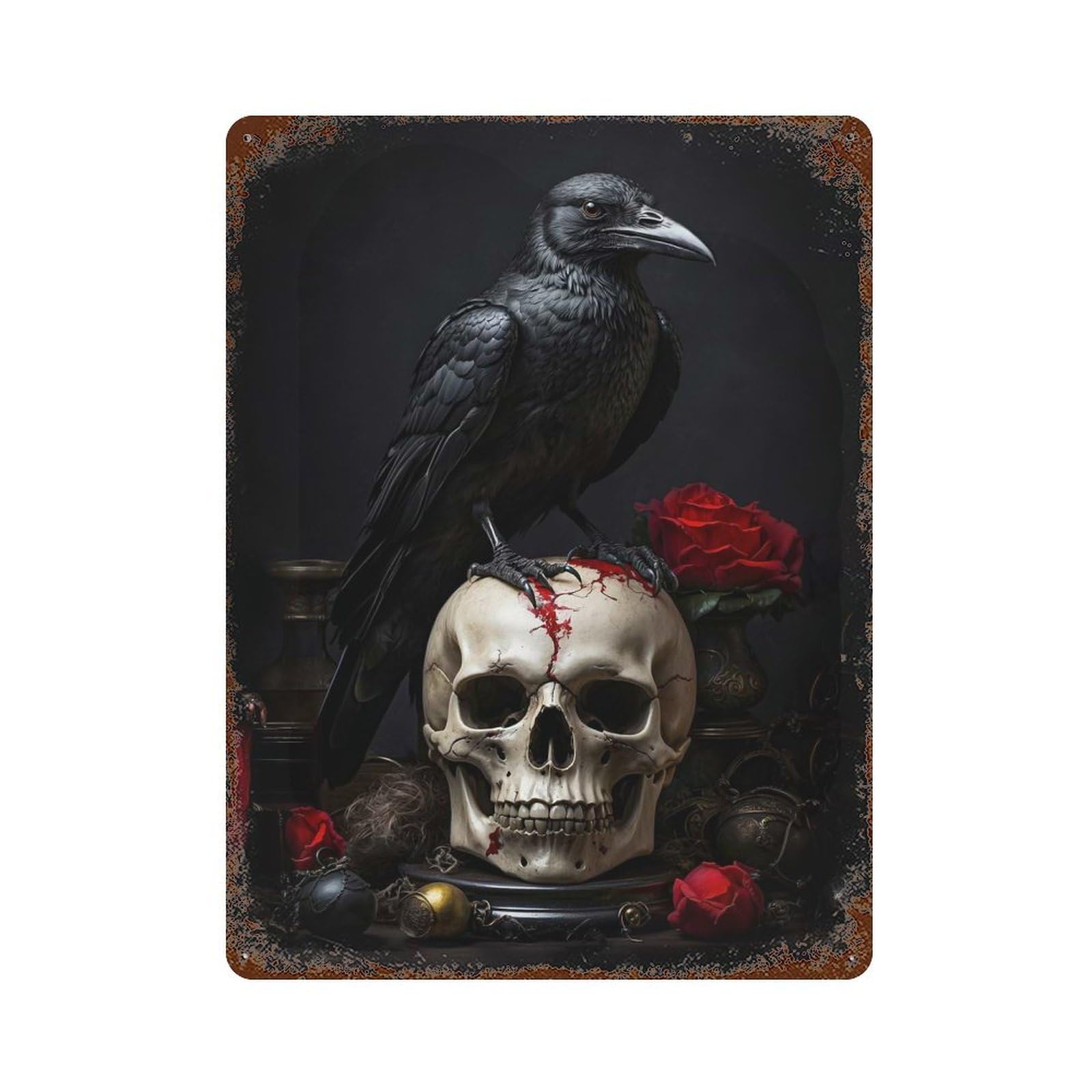 Distressed Metal Wall Sign Gothic Crow 15.7"x11.8", Decorative Metal Wall Art for Farmhouse, Kitchen And Entryway Decor