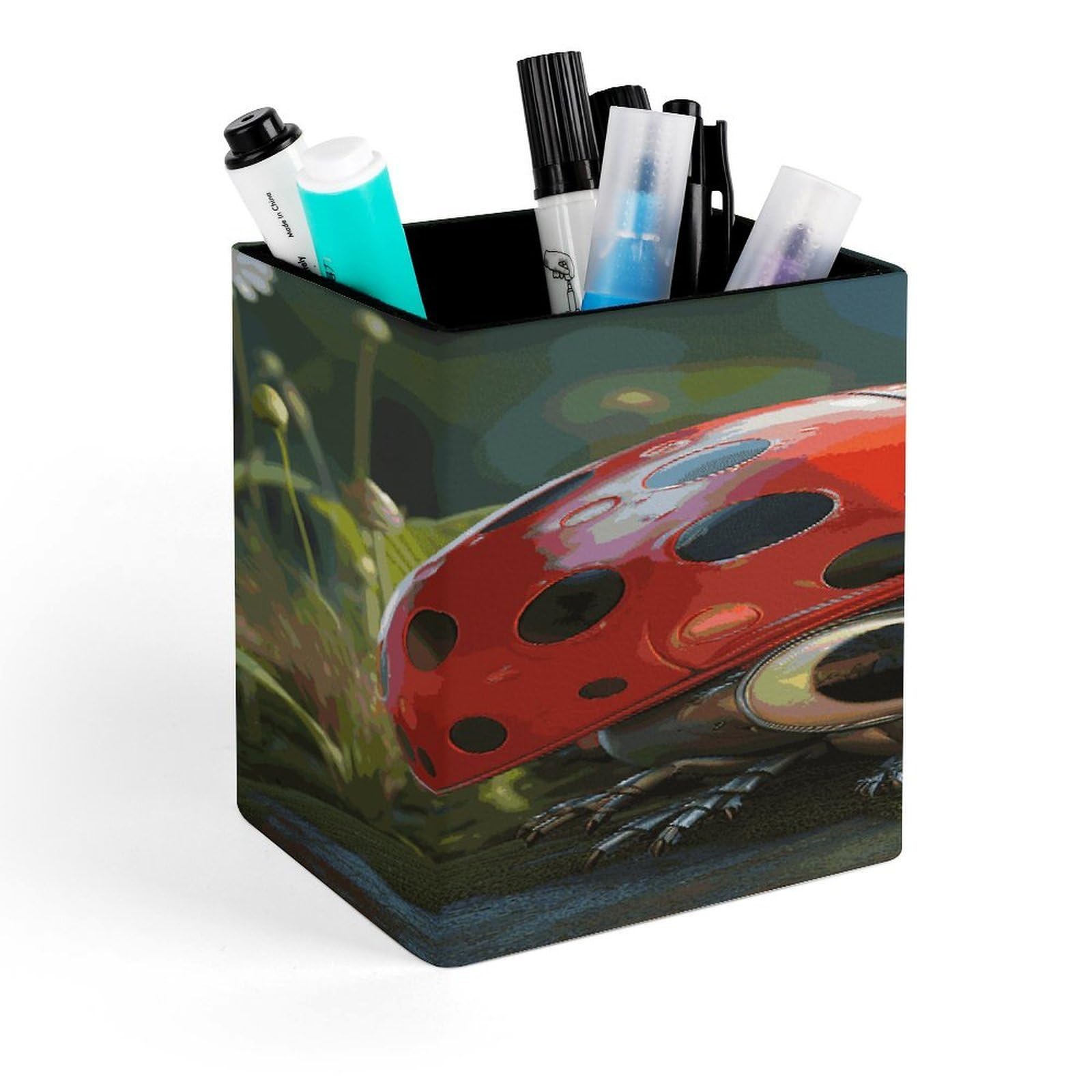 JTREHY Cartoon Ladybug Pen Holder Square Pen Pencil Holder Makeup Brush Holders Cup PU Leather Pencil Cups Desktop Caddy Stationery Organizer Case Office Accessories Container Box