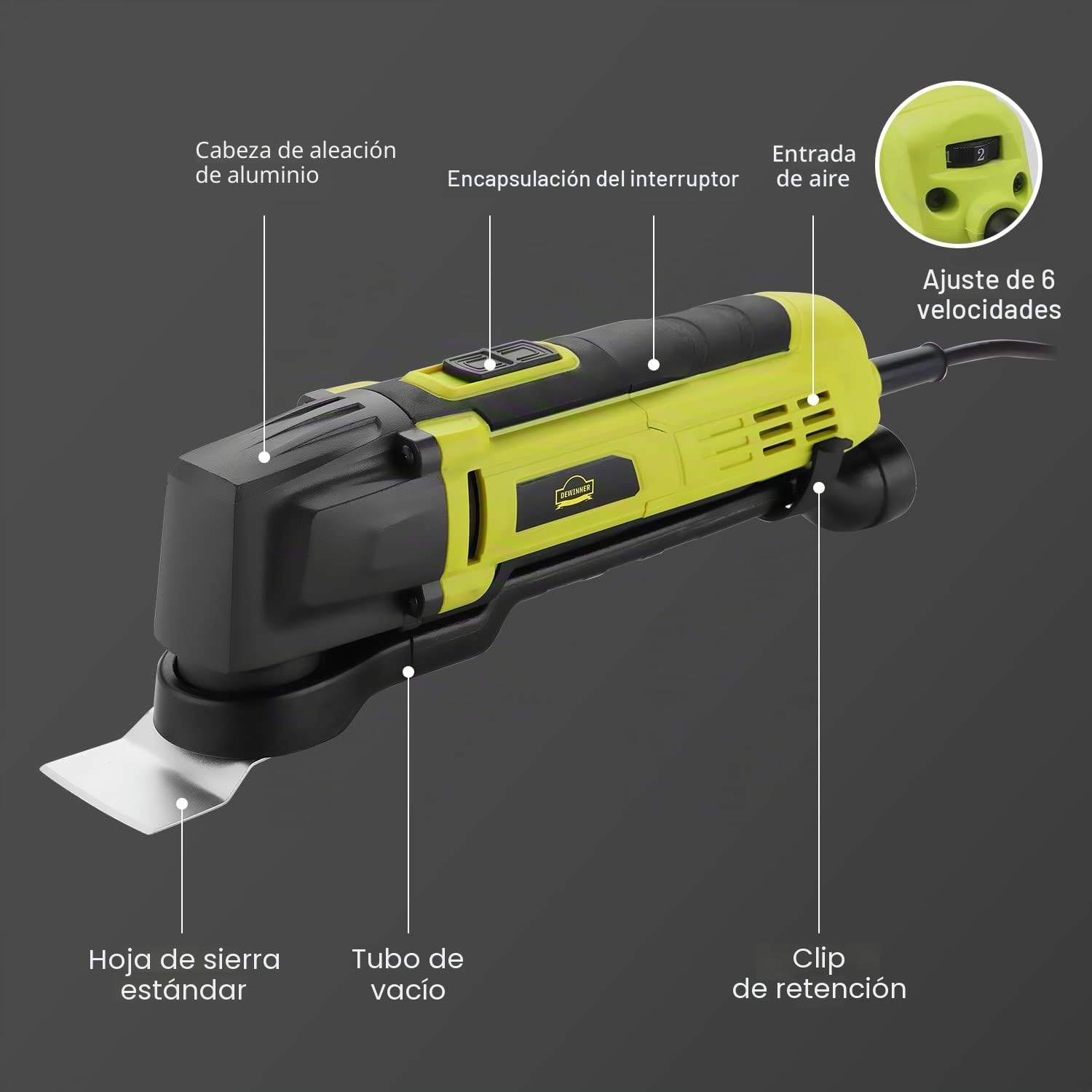 DEWINNER Herramientas Multifunción Oscilante 300W, 6 velocidades variables 0-23000 RPM multifunciones con cable,3,5° ángulo de oscilación 37 accesorios Para aserrar, raspar, cortar, moler y pulir