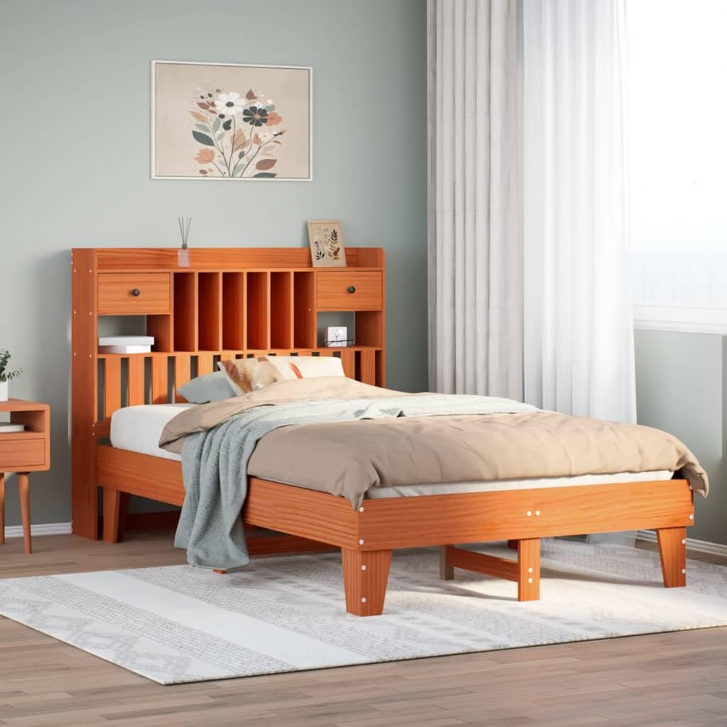 Massivholzbett 135x190 cm, Kiefernholz Wachsbraun, mit Stauraum, Lattenrost, Kopfteil, Bettrahmen für Schlafzimmer Möbel, Platform Bettgestell, stabil