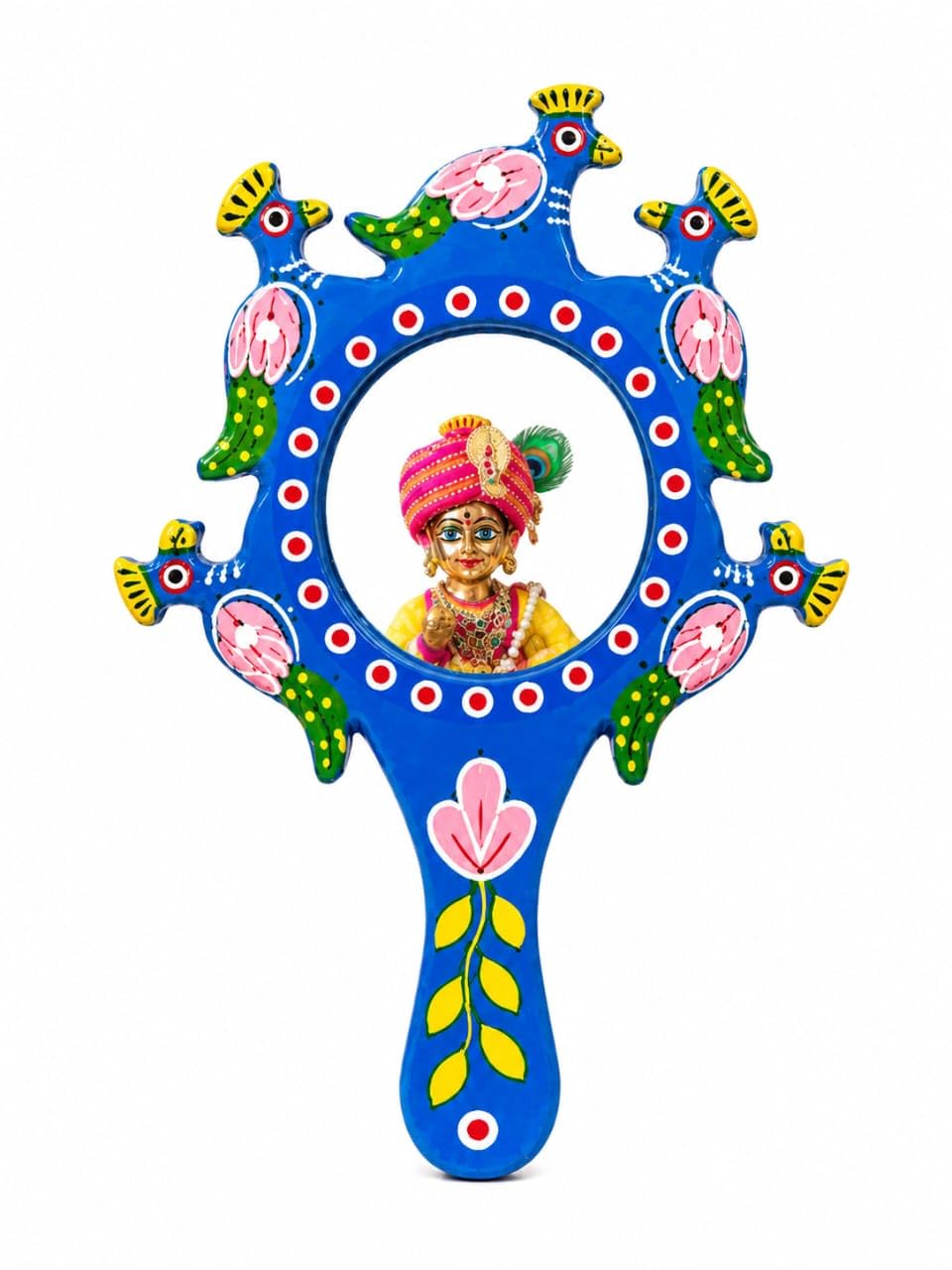 Handcrafted Laddu Gopal Aahina Hand Mirror, Blue, Decorative Bird and Floral Design-image-19