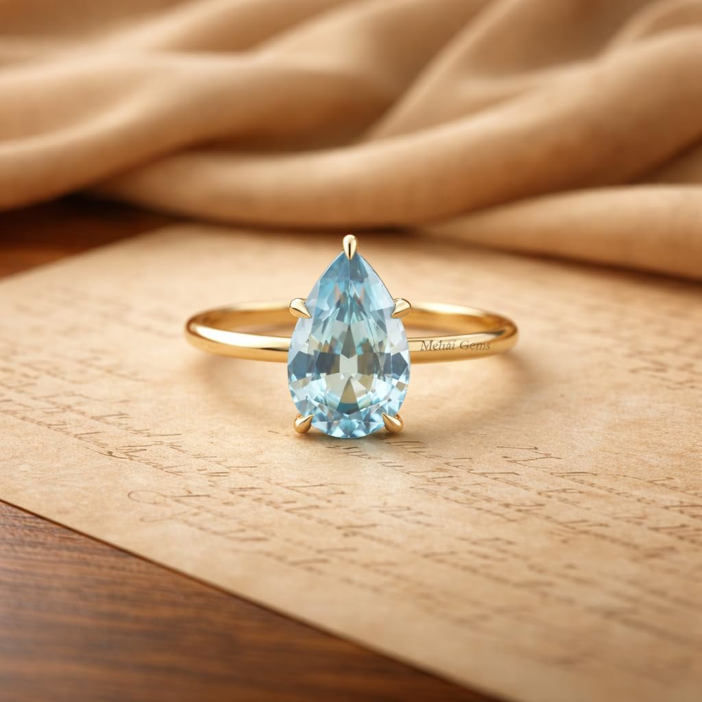 Pear Shape Aquamarine Ring for Women 14K Yellow Gold Solitaire Ring March Birthstone Engagement Ring Minimalist Promise Jewelry Gift for Her
