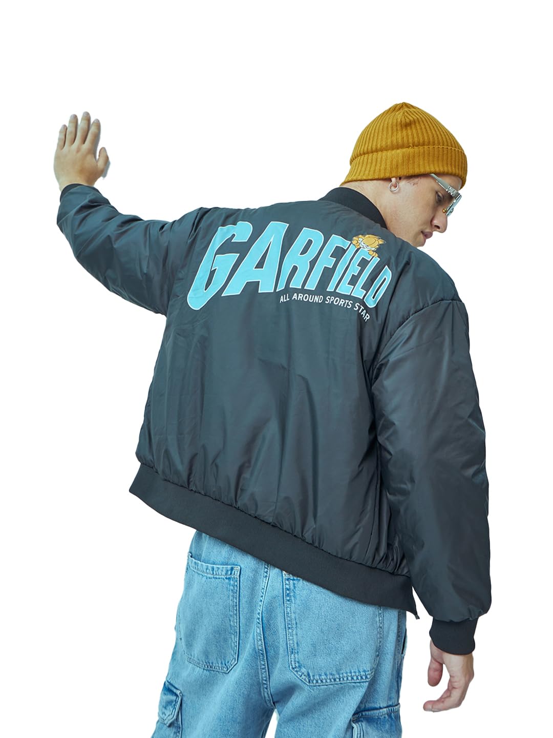 Bewakoof X Garfield Men's Nylon Oversized Fit Collar Puffer Jacket | Jacket for Men Winter Wear in neutral