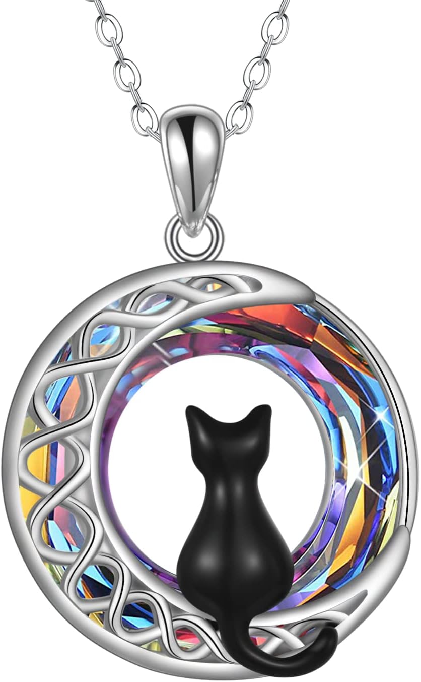CRMAD Cat Necklace for Women Sterling Silver Crystal Celtic Moon Pendant Irish Jewelry