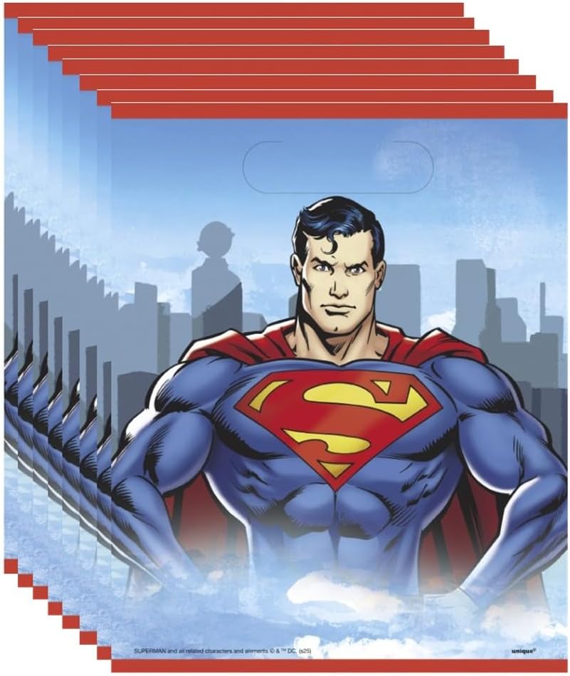 Unique Superman Birthday Party Supplies Bundle includes 8 Loot Bags, 8 Plastic Novelty Glasses, 24 Tattoos image 3