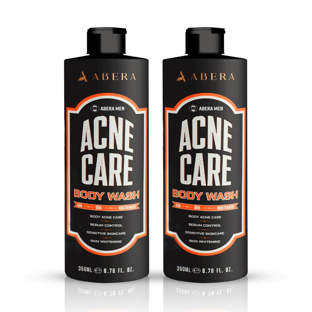 ABERA Men Acne Body Wash with AHA, BHA, Niacinamide & Witch Hazel - Deep Cleansing Shower Gel for Back & Chest Acne, Oil Control & Smooth Skin, Masculine Scent Formula, 11.83 fl oz (Pack of 2)