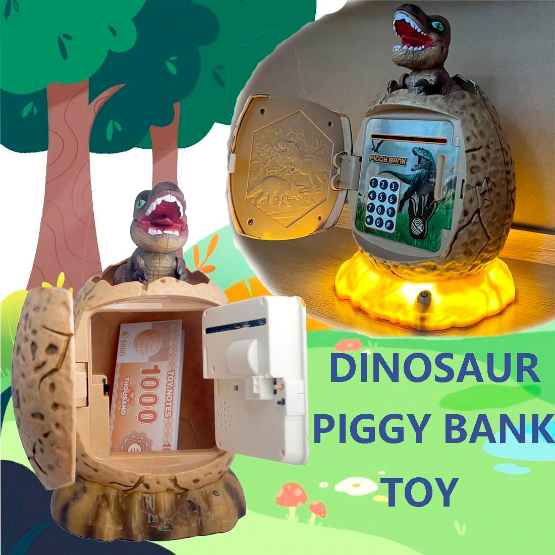 Dinosaur Piggy Bank Toy for Kids Dinosaur Egg ATM Money Saving Box with Night Light Great Dino Decor Toys Gifts (Brown)