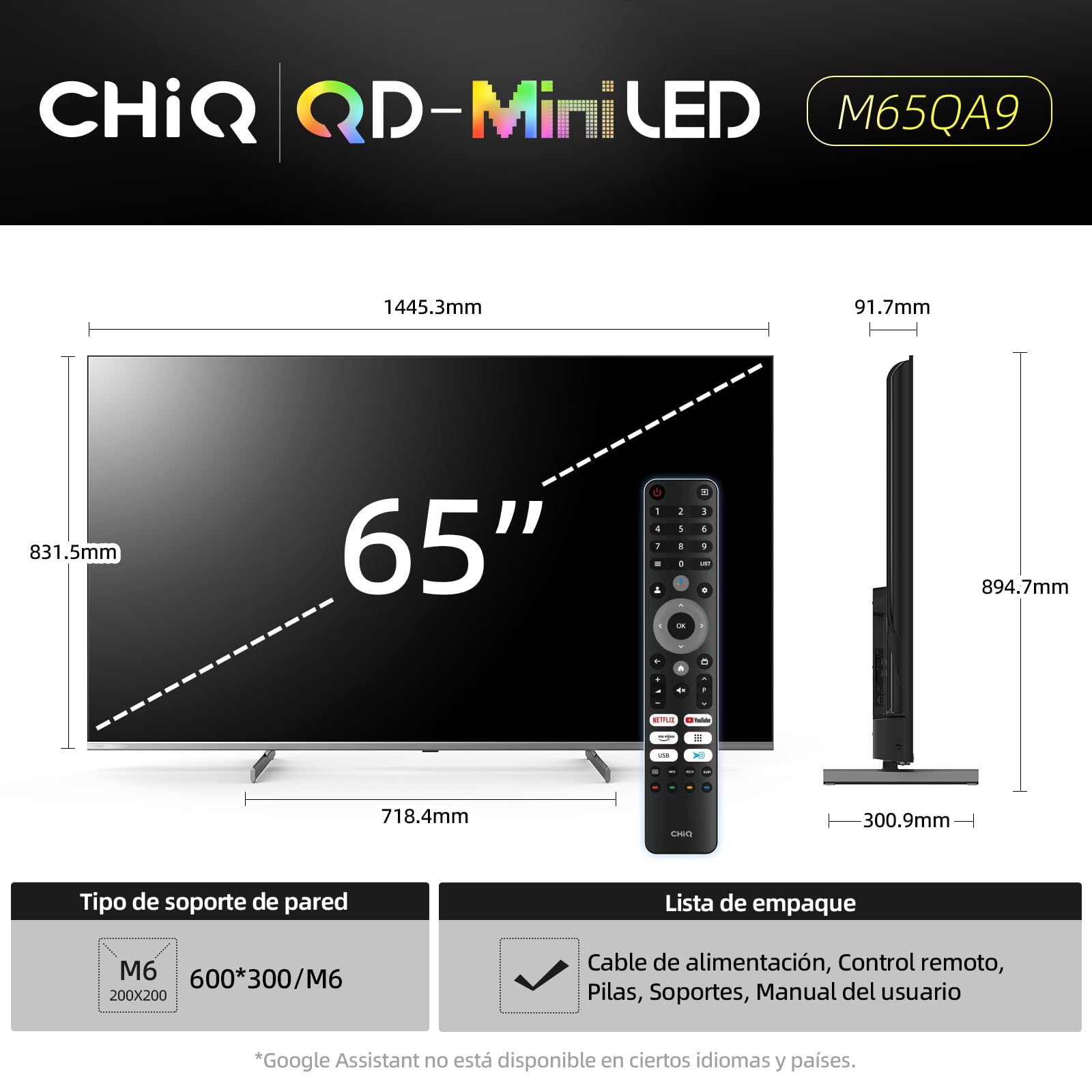 CHiQ M65QA9 65 Pulgadas TV Smart 4K Mini QLED, (Android 14),60Hz MEMC & Local Dimming,Dolby Vision & Atmos,DLG 120Hz* (Mejorado por Software),HDR10