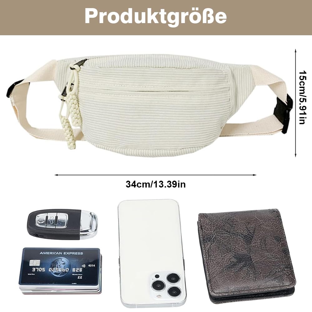 Damska nerka nerka ze sztruksu, torba na ramię, sztruksowa, modna torebka biodrowa ze sztruksu, do uprawiania sportu, podróży, biegania, szkoły (biała), biały, L, sport