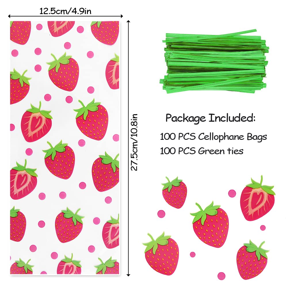 100 Erdbeer-Geschenktüten Mit Bändern – Transparent, 12,5x27,5 Cm, Für Mottopartys, Süßigkeiten & Deko
