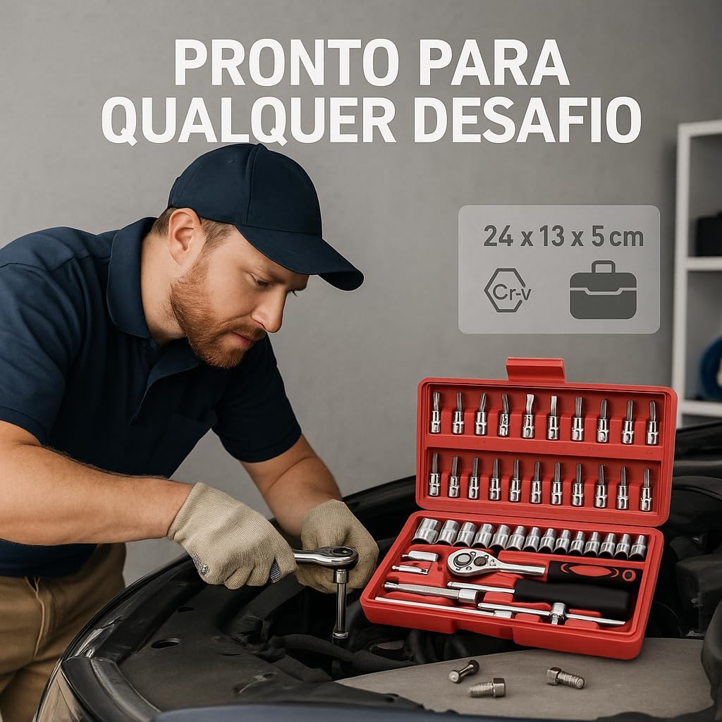 Jogo de Soquete Kit com 46 peças Ferramentas Chave Catraca Conjunto de Soquetes Métricos Sextavadas Chave Allen Torx e Barra de Extensão Reparos Automotivos e Domésticos Premium Jogo de Soquete Kit com 46 peças Ferramentas Chave Catraca Conjunto de Soquetes Métricos Sextavadas Chave Allen Torx e Barra de Extensão Reparos Automotivos e Domésticos Premium