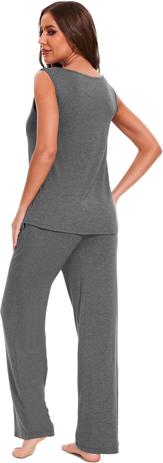 GYS Bamboo Viscose Pajamas for Women Set, Soft Tank and Drawstring Pants Lounge Sets, Sleeveless Lightweight Sleepwear Pj Set