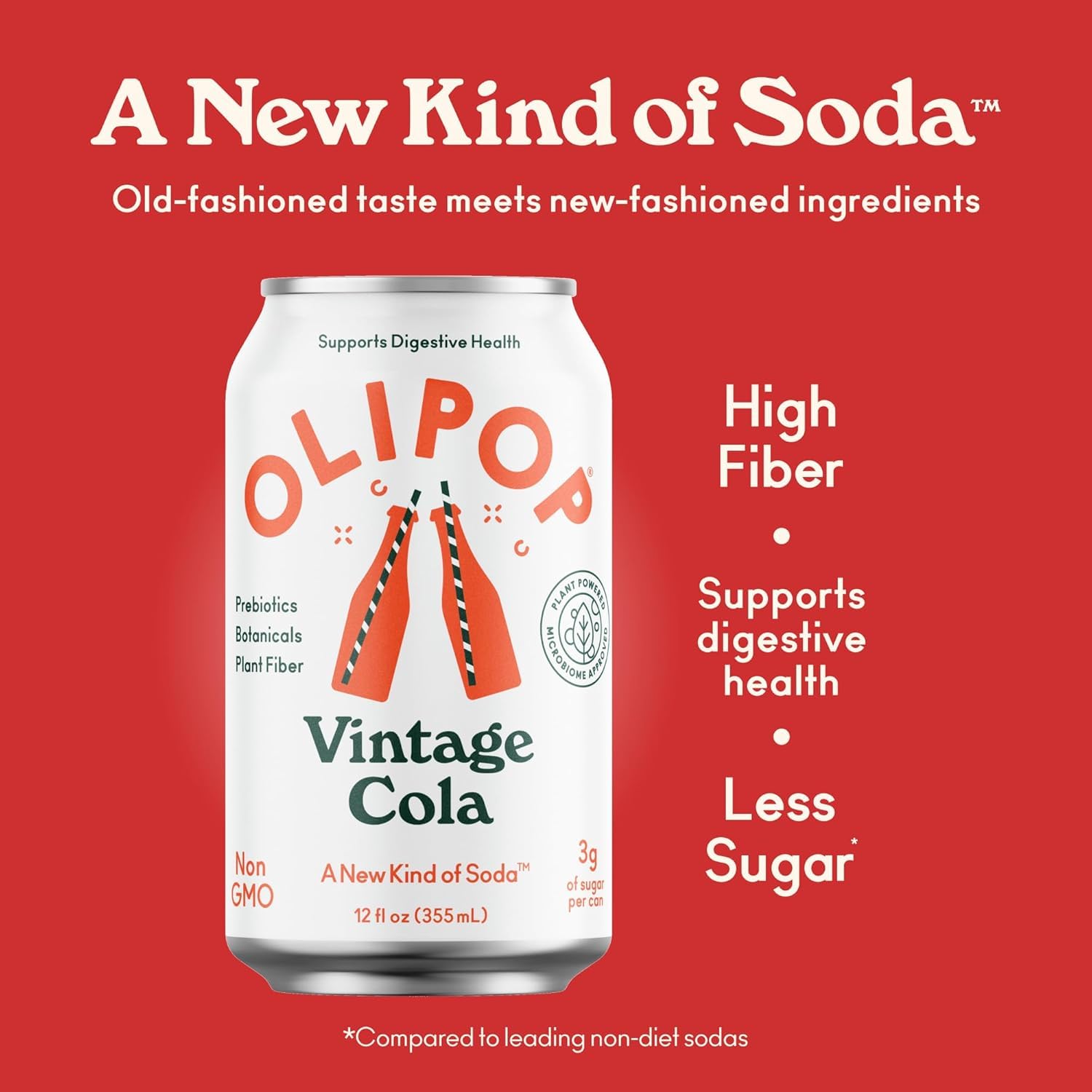 OLIPOP Prebiotic Soda Pop, Vintage Cola, Pantry Pack Packed with Prebiotics, Fiber, and Botanicals, Gluten Free, GMO Free, 12oz (12-Cans)