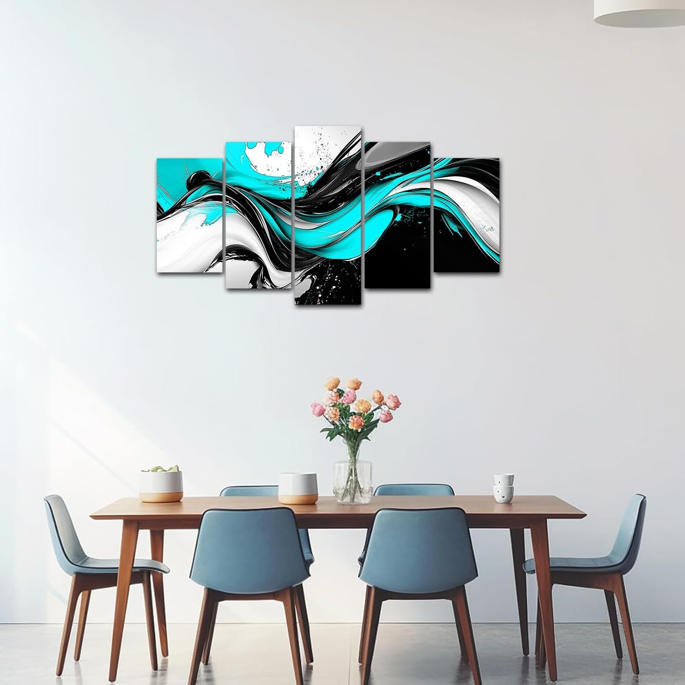 CXHOSTENT Teal Abstract Wall Art 5 Pieces Teal Grey and Black Canvas Print Turquoise Blue Picture Prints Large Artwork for Living Room Bedroom Decir Framed (Blue, 8x14inx2 8x18inx2 8x22inx1)