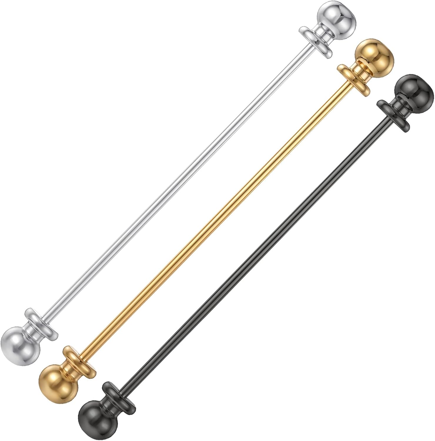 3 Pieces Men's Brass Ball Collar Bar Pins, Clasp Lapel Stick Brooch