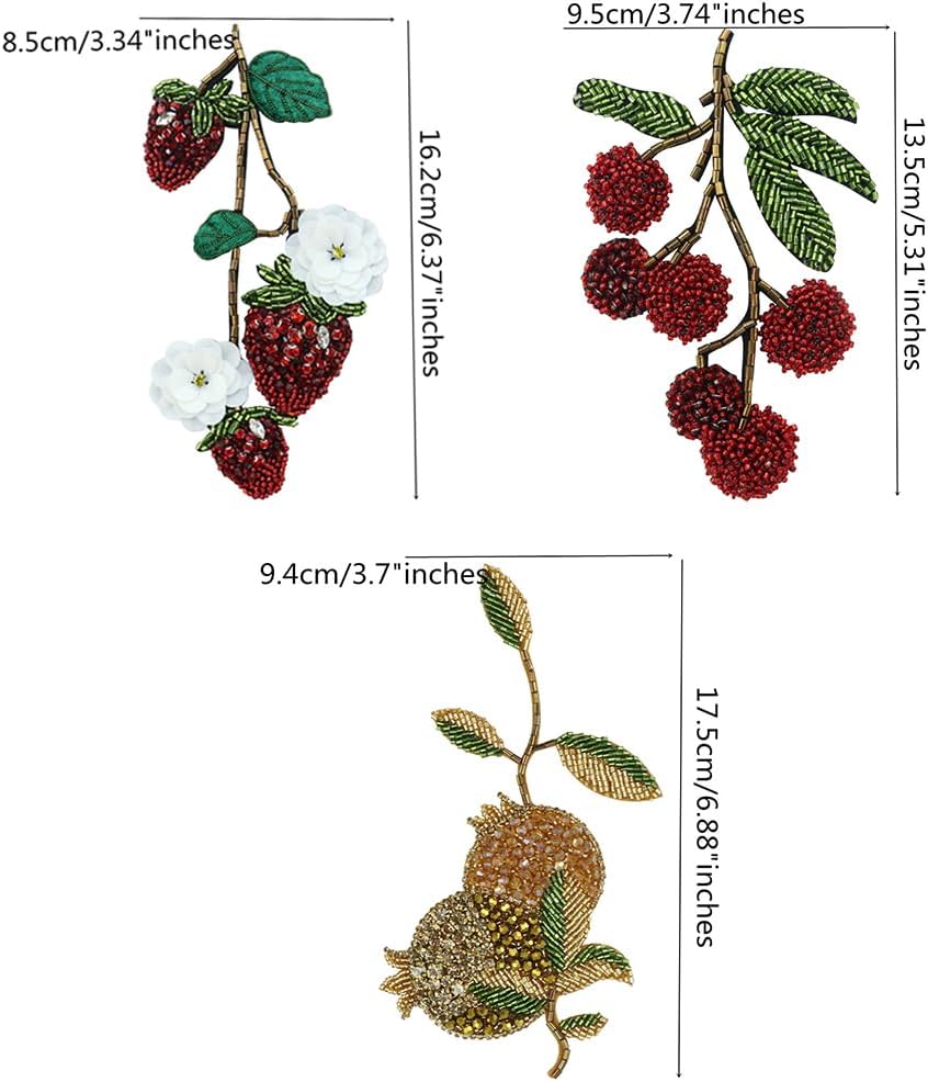 Handmade Beaded Fruit Patches 3D Strawberry Pomegranate Yangmei Applique Sew On Rhinestone Patch for Clothes Bags Decoration (3pcs)