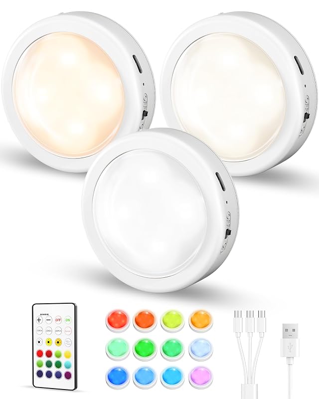 EZVALO Rechargeable Puck Lights with Remote Under Cabinet Lighting 2 95 Mini Tap Lights Closet Light 16 RGB