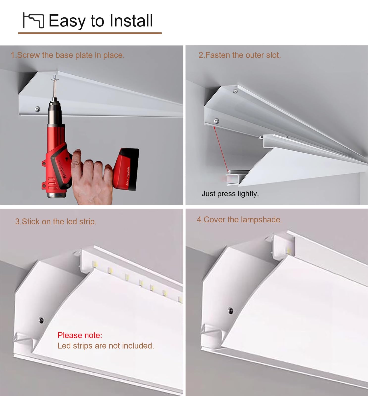 Profili per Strisce Led Illuminazione Battiscopa Diffusore Striscia Led per Interni, Canale in Alluminio Modanatura Corona per Soffitto / Cornicione, Canale Illuminazione Indiretta Decorativa Led(3.0m