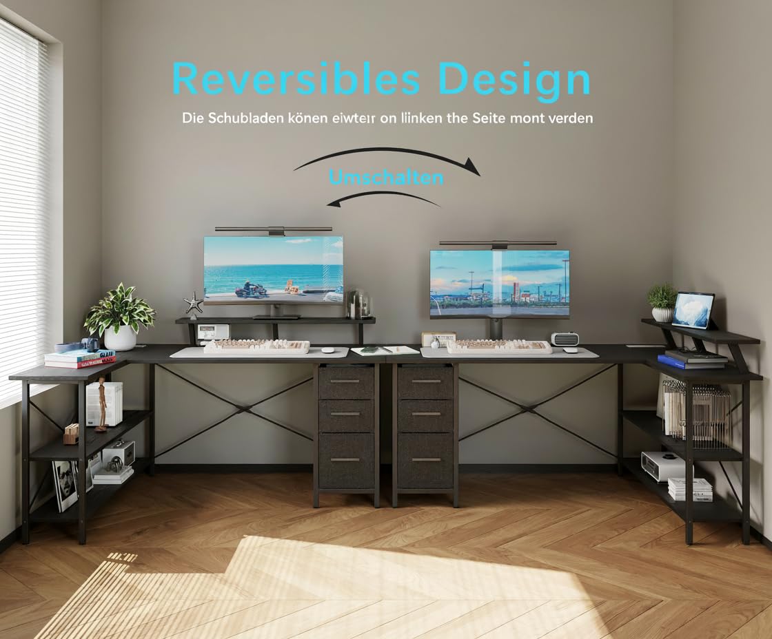 Biurko L-forma z 3 szufladami materiałowymi, 140 * 80 cm odwracalne biurko narożne z podstawką pod monitor, gniazdkiem elektrycznym i portem ładowania USB dla domowego biura, czarny
