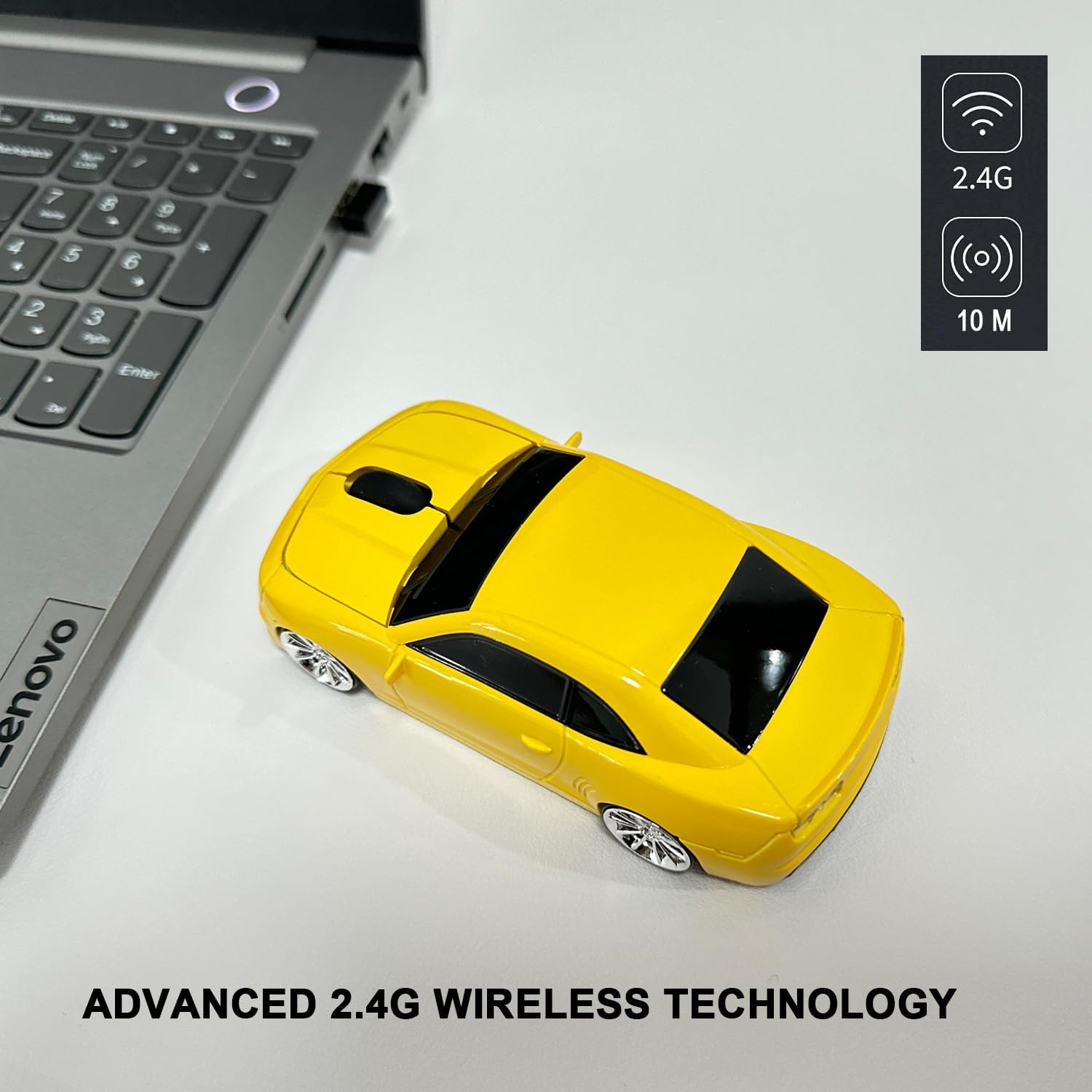 Car Mouse for Compuer, Funny Sport Car Shaped Computer Mouse, 2.4Ghz Wireless Mouse Car Mouse with USB Reciver for Laptop, PC(Yellow)