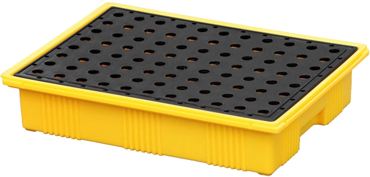 Leak-Proof Oil Tank Spill Tray, Stackable Spill Containment Platform, Heavy-Duty Yellow & Black Polyethylene Pallet for Warehouses & Garages (49x36x10 cm)