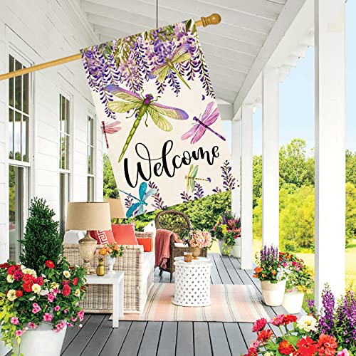 Baccessor Spring Summer Flower House Flag Wisteria Dragonfly Floral Welcome Yard Flag Burlap Double Sided Vertical Seasonal Farmhouse Wedding Yard Outdoor Decoration 28X40 Inch (Large) #TOP2