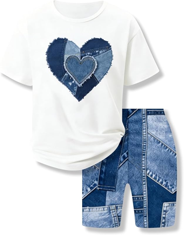 Talla 7-14 Conjunto corto de estampado de corazón de verano de 2 piezas para niña adolescente Conjunto de ropa de niña