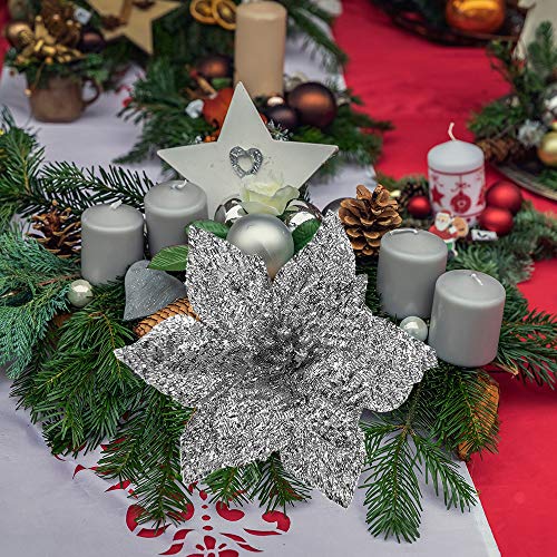 24 Pcs Christmas Silver Metallic Glitter Artificial Poinsettia Flower Picks Tree Ornaments 5.1" W In Box For Silver Christmas Tree Wreaths Garland Floral Gift Winter Wedding Holiday Decoration #TOP7