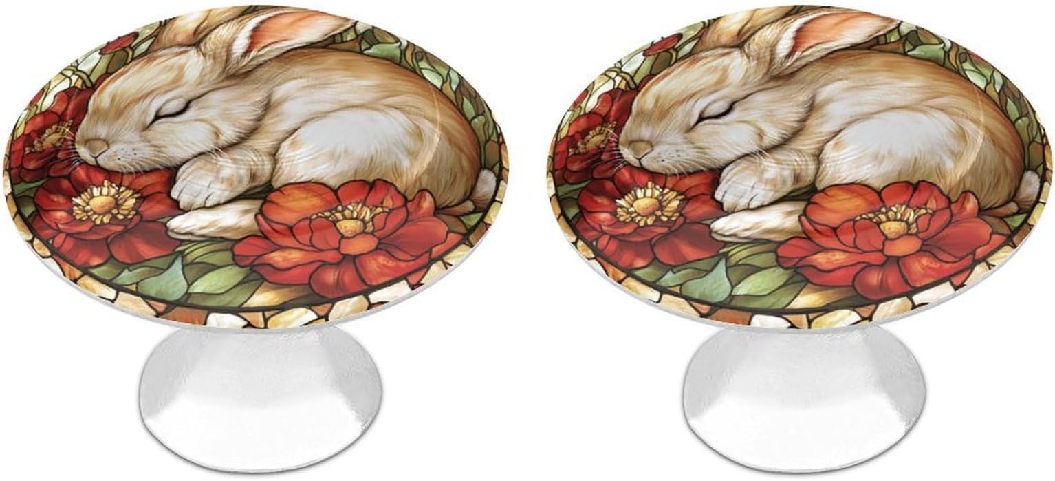 Stained Glass Bunny Sleeping Red Flowers Round Drawer Cabinet Knobs Handles with Screws,2 Pcs, Drawer Dresser Knob Pulls Decor for Wardrobe Cupboard Home Office Kitchen