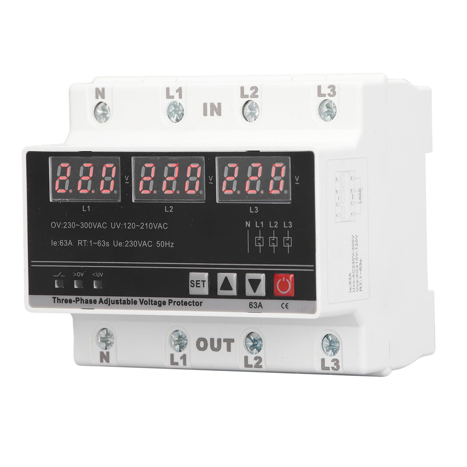 AC Current Protector AC120V to 300V 63A 3 Phase Adjustable Protectors Over Under Voltage Current Device DIN Rail Mount