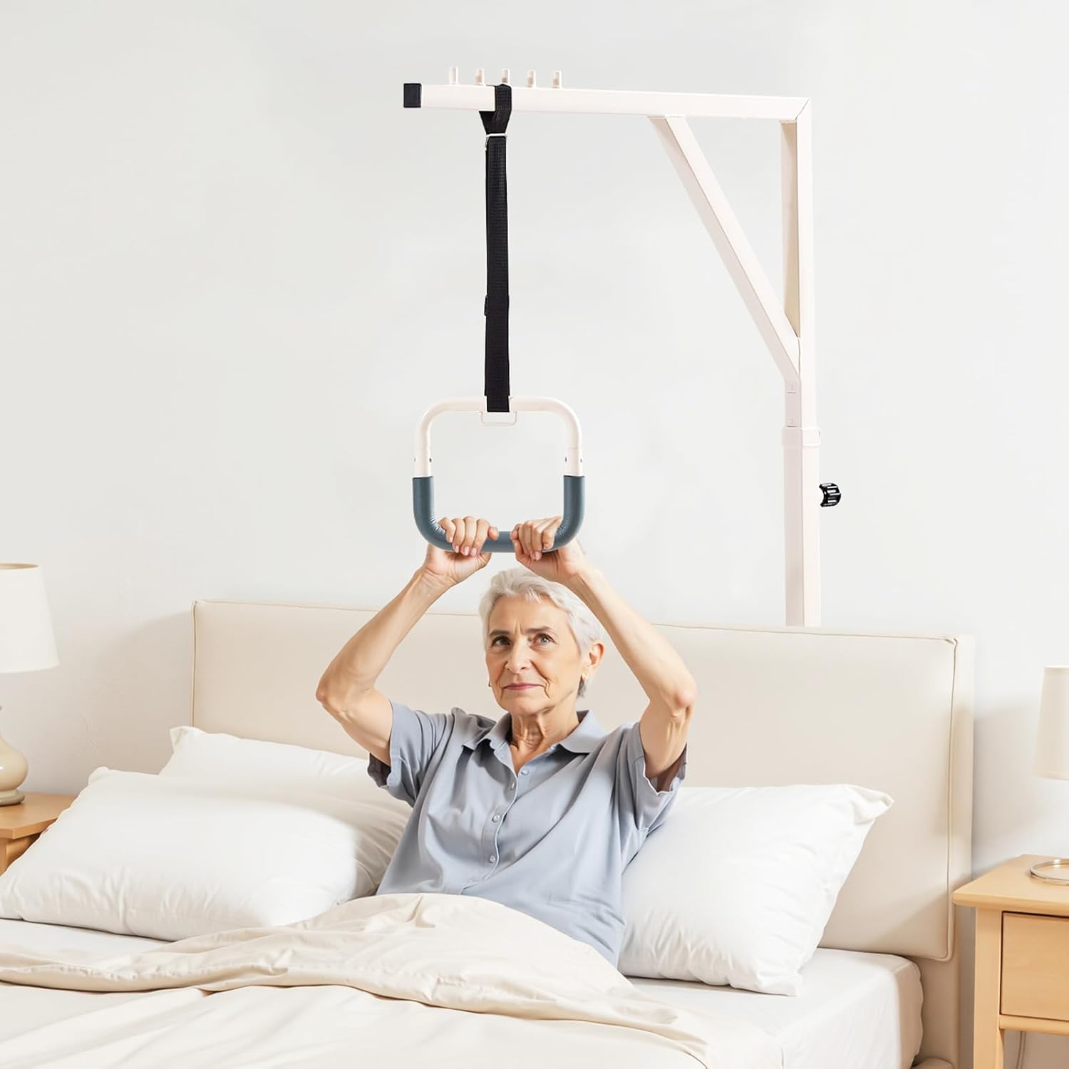 VEVOR Trapeze Bar for Bed Mobility, Height-Adjustable Bed Trapeze with 2 Casters, 350LBS Weight Capacity Heavy Duty Pull Up Trapeze Bar with Floor Stand for Elderly, Disabled, Bedridden Patients