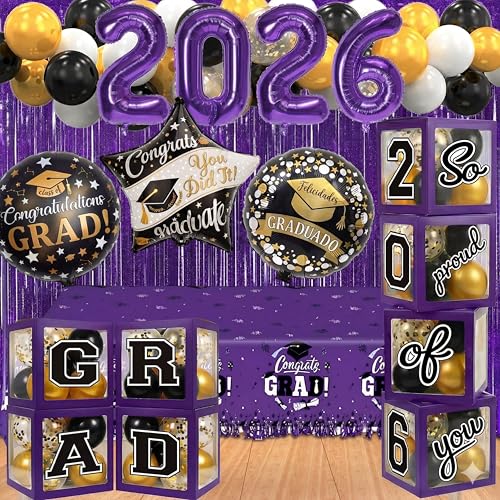 Image of Black and Purple Graduation Decorations Class of 2026 - Graduation Balloon Boxes, Balloon Arch Garland Kit, Party Decorations 2026 for Any Grades
