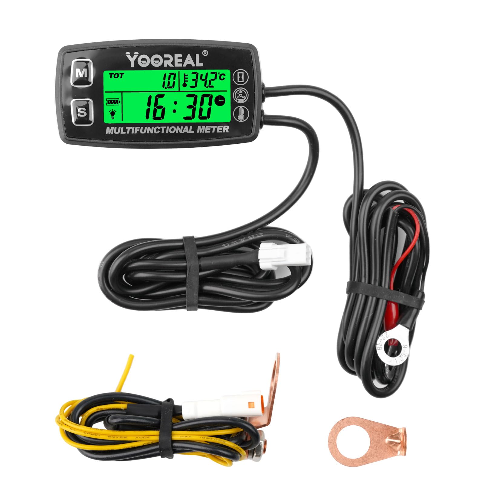 Yooreal Compteur horaire Tachymètre Jauge de température du moteur,Alerte TEMP,Arrêt de l’utilisateur,Sonde de température amovible pour scooter Motoneige Mini vélo Moto Tondeuse à gazon Générateur