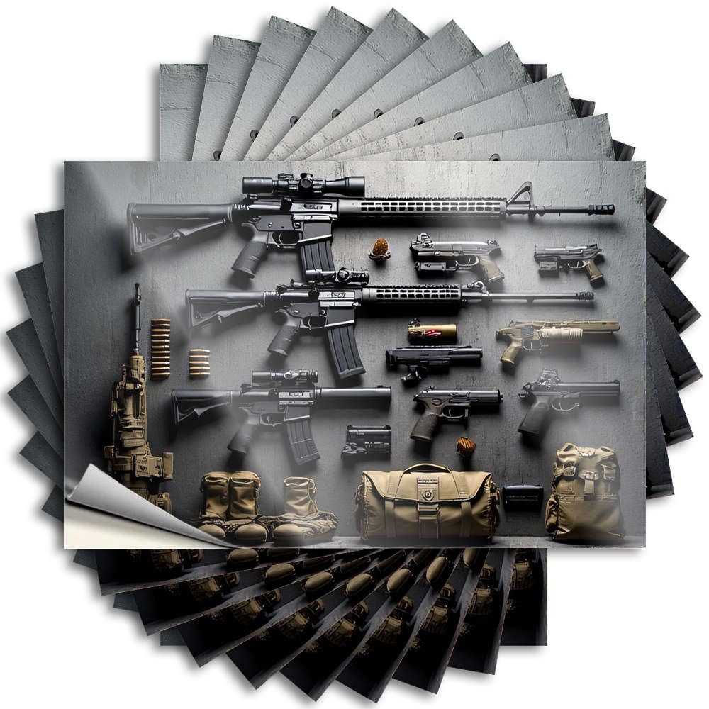 Decals Mini, Exterior Tumbler Assorted Firearms and Tactical Gear Displayed | Rustic(8X12CM)